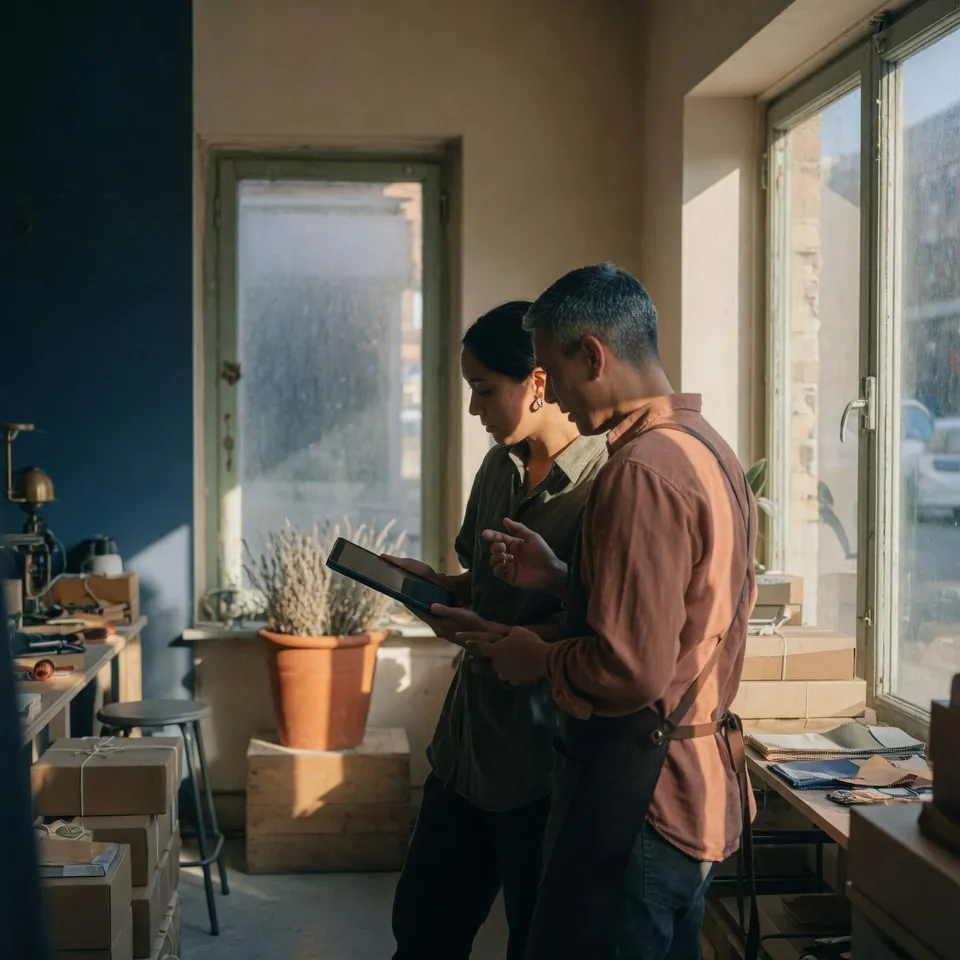 Two people reviewing work together on a tablet on the floor of a small business.